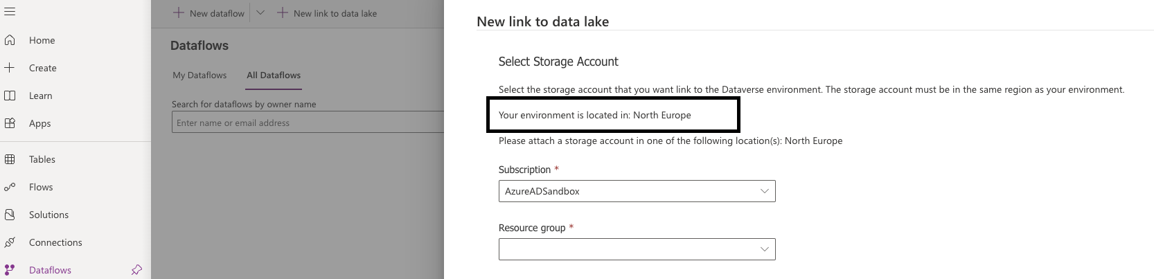A screenshot of power platform page, where user can link to data lake