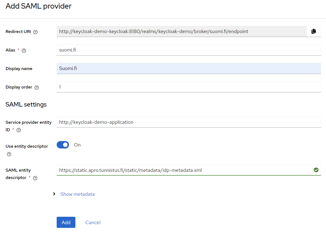 SAML v2.0 identity provider config