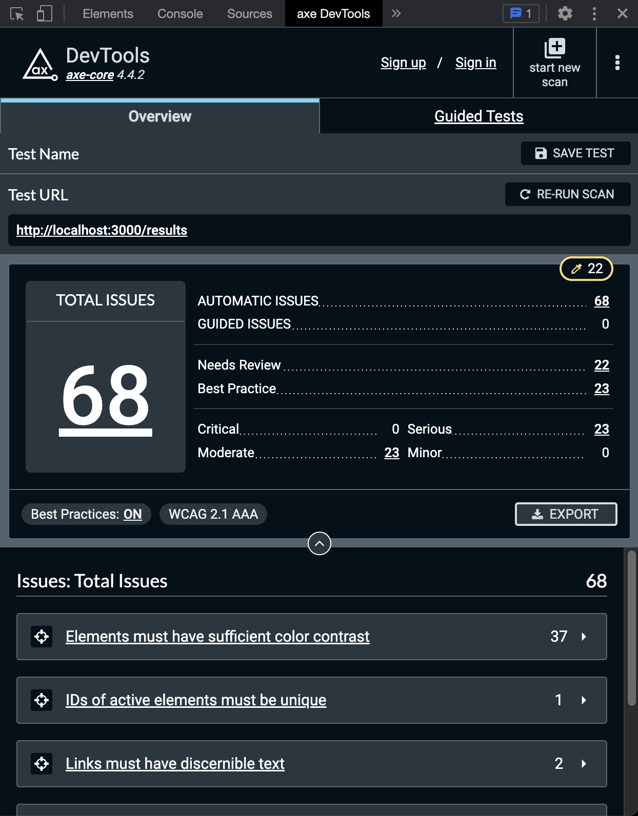 Screenshot of aXe DevTools - overview of results of a scan.