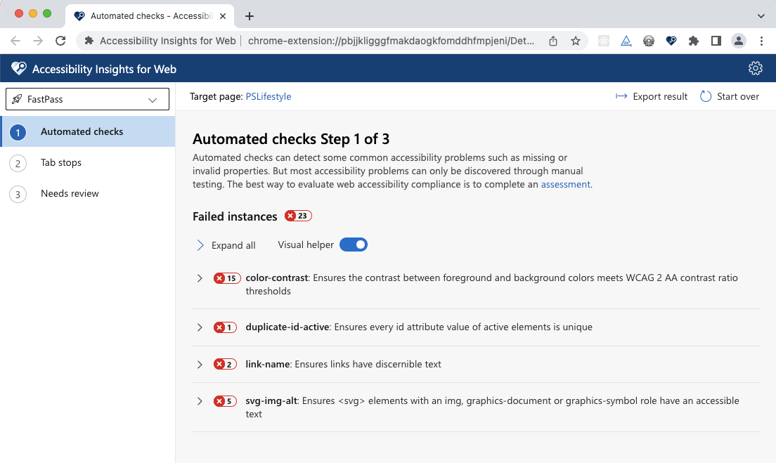 Screenshot of Accessibility Insights for Web - Fast Pass.