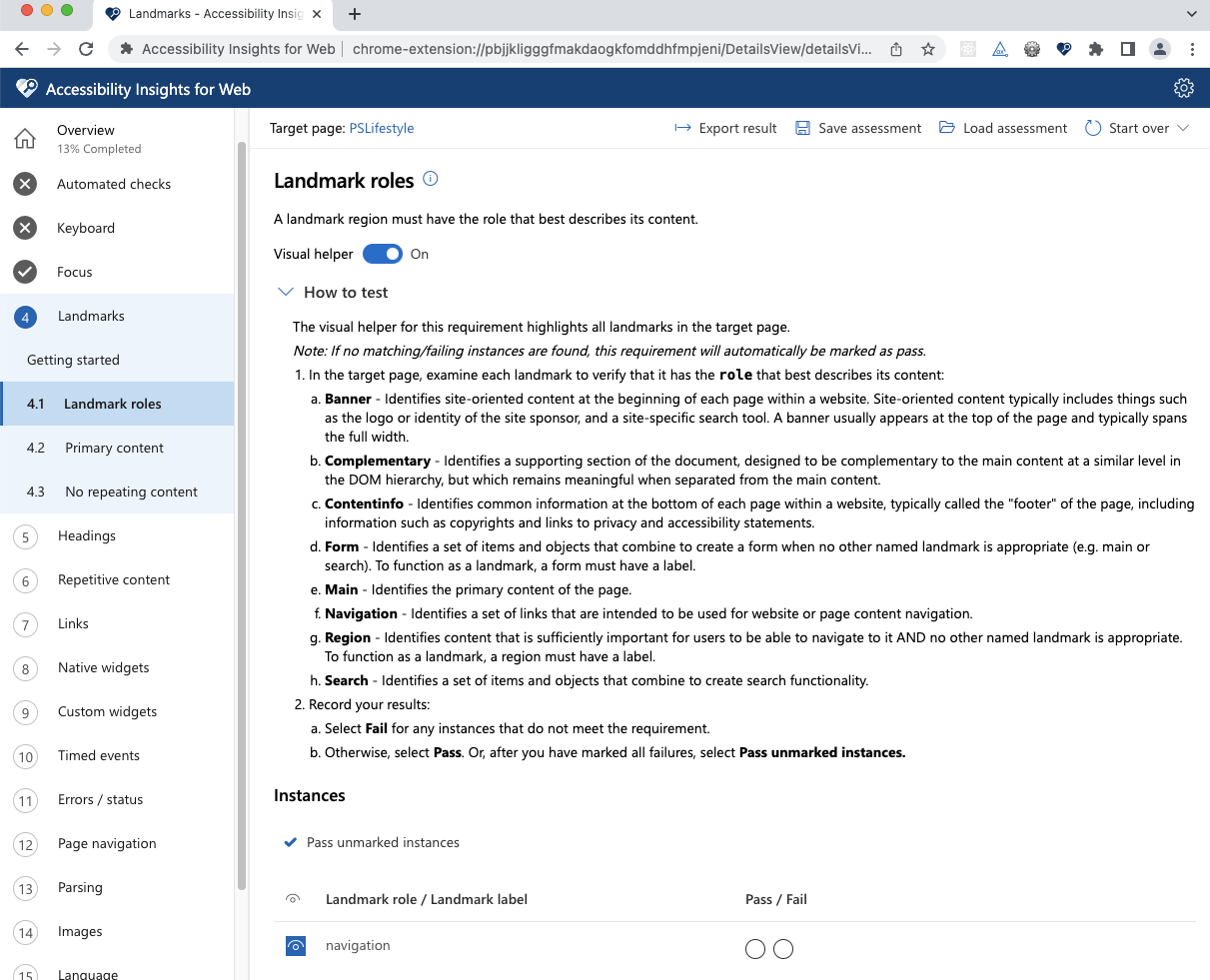 Screenshot of Accessibility Insights for Web - Assessment details.