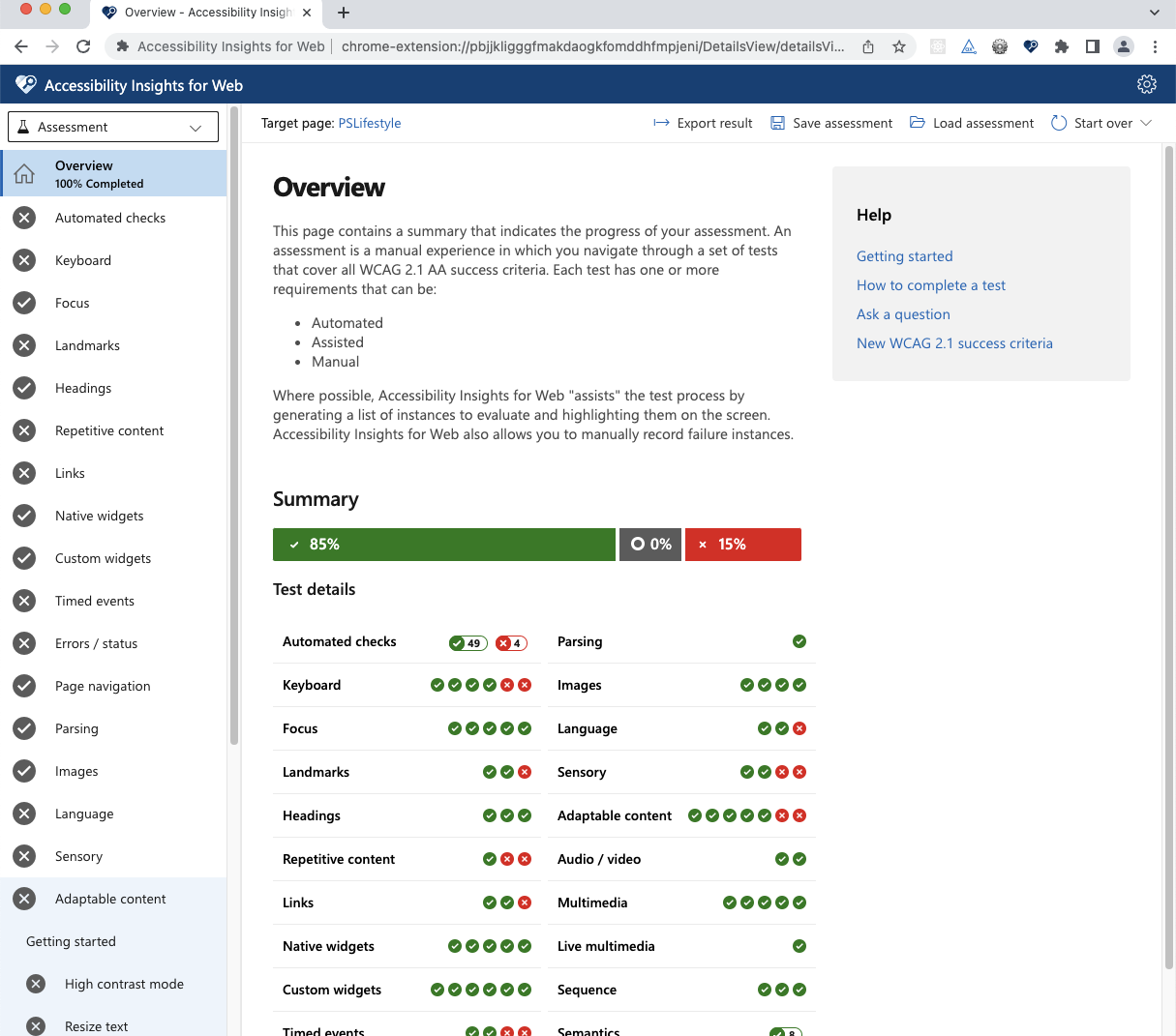 Screenshot of Accessibility Insights for Web - overview of results after Assessment is done.