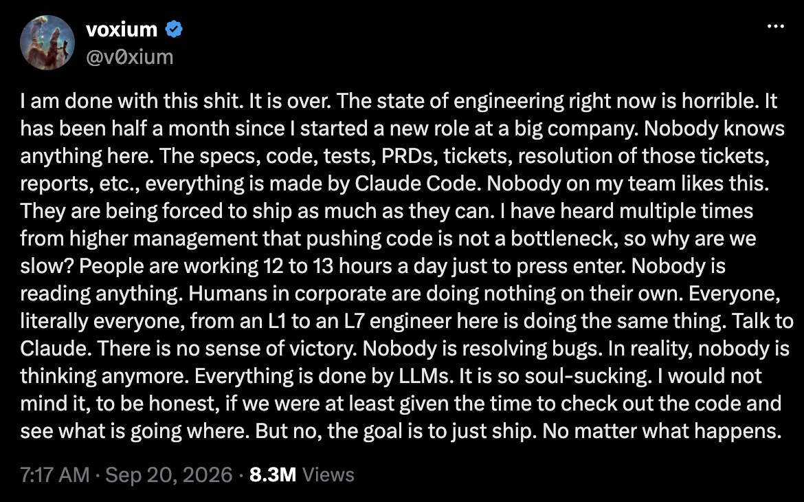 Screenshot of a post describing concerns about AI-generated software development