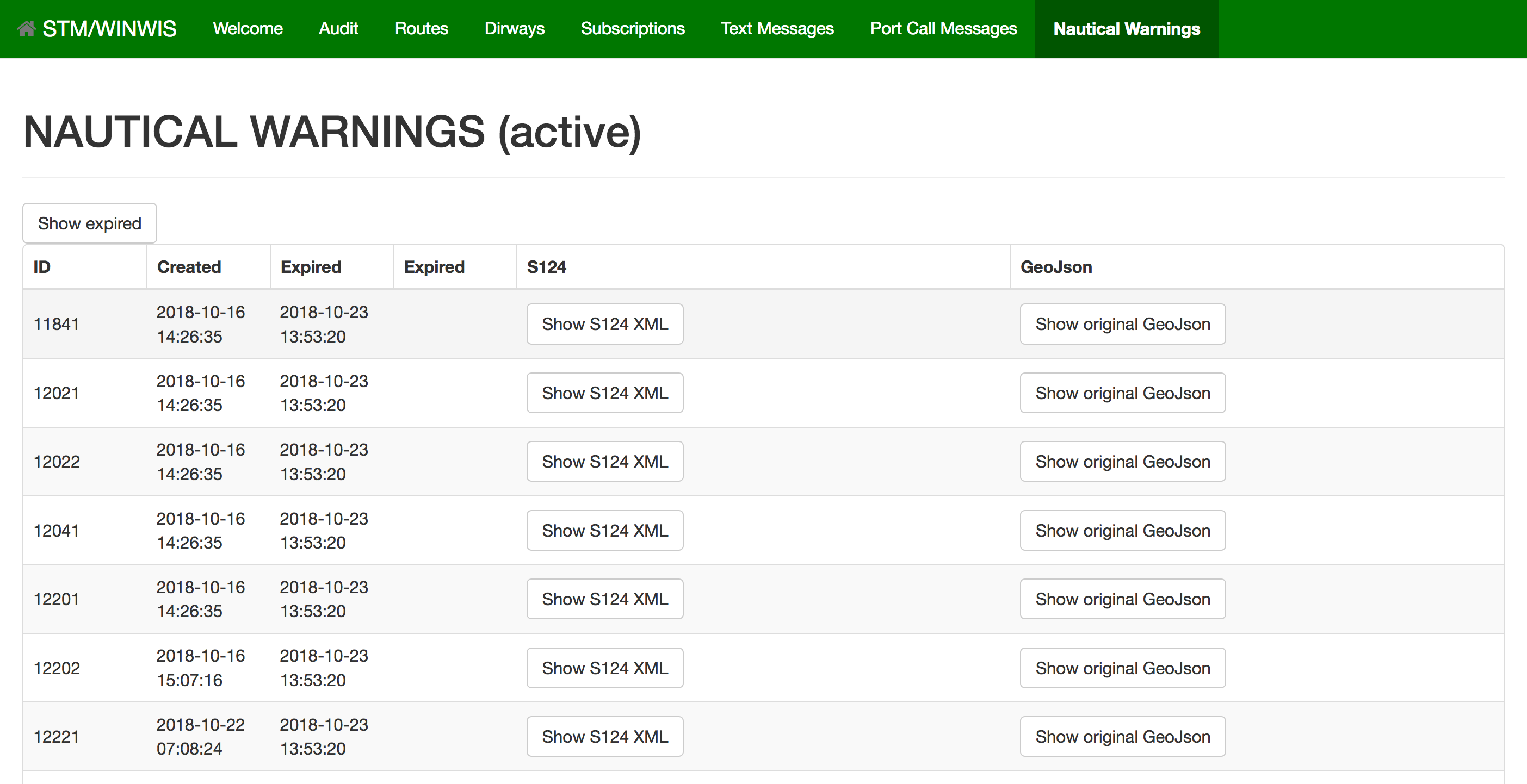 Testing screen showing list of nautical warnings from Digitraffic, converted to STM S124 Area standard